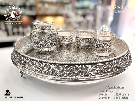 Handcrafted Antique Make 925 Silver Pooja set :) Rudraksha Jewelry, Silver Home Accessories, Puja Items, Silver Articles, Silver Plates, Pooja Items, Silver Pooja Items, Jewellery Design Sketches, Temple Jewelry