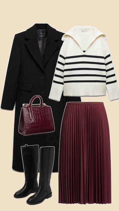 Burgundy pleated skirt outfit with black and white striped jumper Burgundy Pleated Skirt, Pleated Skirt Outfit, Pleat Skirt, Skirt Outfit, Skirt Outfits, Pleated Skirt, Jumper, Black And White, Skirt