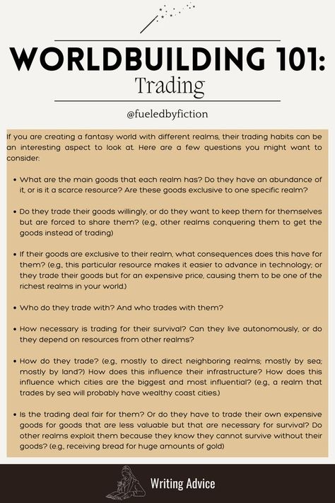 The World-Building 101 series continues. Today I have a few questions for you that you can consider when thinking about your fantasy realms and how they trade with each other. Check out my World-Building 101 board for more ideas on world-building your fantasy world. Novel Writing Outline, Writing Development, Writing Outline, Writing Inspiration Tips, Writing Fantasy, World Building, Creative Writing Tips, Writing Strategies, Writing Inspiration Prompts