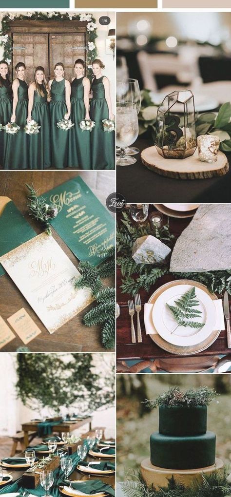 Emerald Wedding Colors, Forest Green Bridesmaid Dresses, Enchanted Forest Wedding Theme, Green And Gold Wedding, Gold Wedding Centerpieces, Green Gold Weddings, Olive Green Weddings, Green Wedding Bouquet, Greenery Wedding Decor