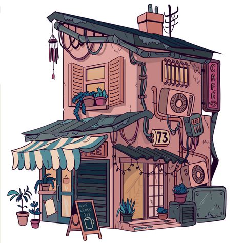 ArtStation - Small Café, Helena Smołka Small Village Concept Art, Drawing Town Buildings, Isometric Art Bedroom, Building Art Reference, Cute Cafe Drawing, Cafe Concept Art, Set Design Concept Art, Warehouse Illustration, Cafe Reference