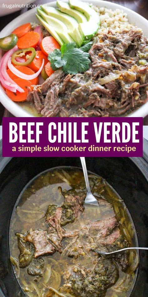 Slow Cooker Beef Chile Verde is the ultimate chile verde recipe. Tons of flavor, and the perfect main dish to serve up your family or a crowd. Whip up this slow cooker beef recipe. #slowcooker #beef #chile #verde #dinner #crockpot #simple #flavorful #TexMex Beef Chili Verde, Chili Verde Crockpot, Slow Cooker Beef Recipe, Beef Chile, Slow Cooker Chile Verde, Chile Verde Recipe, Green Chili Soup, Chili Verde Recipe, Green Chili Stew