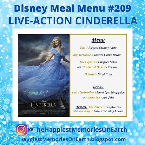 The Happiest Memories On Earth Cinderella Dinner, Disney Movie Themed Dinner, Themed Movie Night, Disney Movie Night Menu, Disney Themed Movie Night, Disney Movie Night Dinner, Disney Menus, Movie Food, Disney Foods