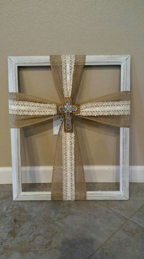 Cross Frames Diy Wall Art, Cross Wall Art Diy, Picture Frame Cross, Womens Event, Yarn Wreaths, Burlap Cross, Cross Frame, Cross Wall Art, Christian Studies