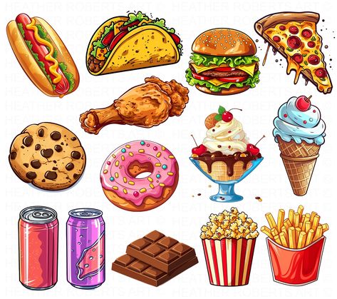 Junk Food Clipart Set, Fast Food Clipart Set, Burger PNG, Pizza PNG, Tacos png, Hotdog Sandwich png, Ice Cream png, Chocolate png, Donut PNG Pizza Stickers Printable, Cute Food Stickers Printable, Printable Food Stickers, Food Stickers Printable, Fast Food Drawing, Junk Food Stickers, Junk Food Clipart, Fast Food Stickers, Burger Png