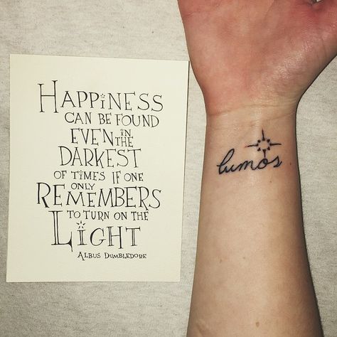 Lumos Tattoo Harry Potter, Bookish Tattoos, Harry Potter Tattoos Small Quotes, Luna Lovegood Tattoo, Lumos Tattoo, Hufflepuff Tattoo, Tiny Harry Potter Tattoos, Harry Potter Lumos, Tattoo Harry Potter