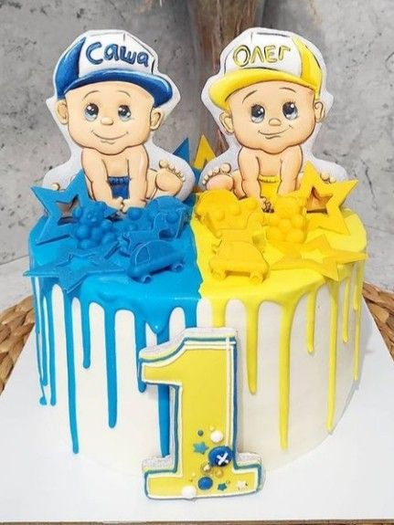 Twins Cake Design, Cake Designs For Boy, Twins Cake, Heart Shaped Cakes, Twin Boys, Girl Cake, 1st Birthday Cake, Boy Birthday Cake, Twin Babies