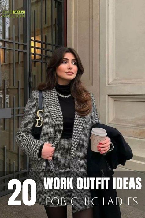 Woman in stylish business attire holding coffee, with text "20 Work Outfit Ideas for Chic Ladies". Elegant Business Attire Women, Glam Business Outfit, Business Professional Accessories, Buisness Formal Women Outfits Chic, Executive Looks For Women, Office Skirt Outfits Women, Corporate Skirts, Work Outfits Women Skirt, Corporate Style Women