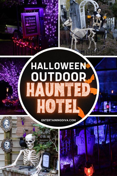 This Halloween haunted hotel is an awesome outdoor Halloween yard haunt! Great ideas for outdoor Halloween decorations, Halloween lighting or even Halloween party decor. Halloween Haunted Hotel Theme, Halloween Themes Outdoor, Haunted Hotel Decorations, Haunted Hotel Aesthetic, Outdoor Haunted House Ideas, Halloween Yard Haunt, Breakfast Halloween, Inexpensive Halloween Costumes, Hotel Theme