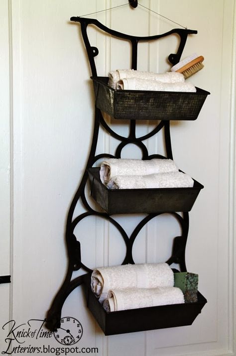 Repurposed Antique Sewing Machine Stand into Wall Bins. I like this idea but would find a different way to hang it. Antique Sewing Machine Table, Antiques Repurposed, Sewing Machine Drawers, Sewing Machine Tables, Sewing Machine Table, Treadle Sewing Machines, Old Sewing Machines, Antique Sewing Machines, Vintage Sewing Machines