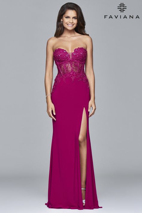 Sequined lace sweetheart neck dress with illusion Faviana Prom Dresses, Jersey Evening Dress, Faviana Dresses, Junior Prom Dresses, Corset Dress Prom, Fit And Flare Skirt, Perfect Prom Dress, Prom Dresses Online, Party Dress Short