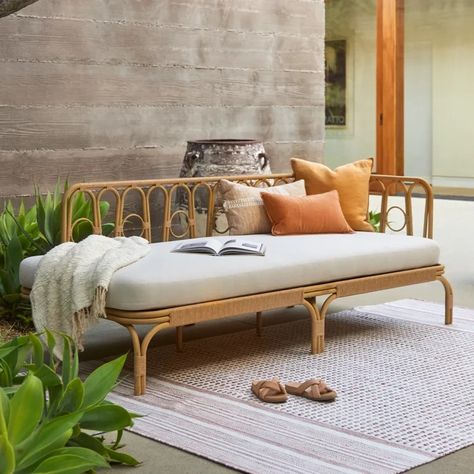 8 Patio Pieces to Make Your Cottage-Core Dreams Come True - Western Living Magazine Mid Century Modern Outdoor, Rattan Daybed, Furniture Rattan, Modern Outdoor Patio, White Terrazzo, Outdoor Pouf, Outdoor Stools, Mid Century Modern Dining, Day Bed