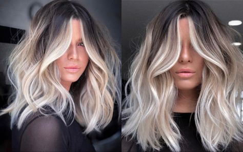 Dark Root Platinum Blonde Balayage, Dark Roots To Blonde Balayage, Dark Roots Platinum Hair Balayage, Hombre Blonde Hair Dark Roots, Dark Roots To Blonde Hair, Dark To Platinum Balayage, Dark Root With Blonde Balayage, Brunette To Platinum Blonde Balayage, Ashy Blonde Balayage Dark Roots Short Hair