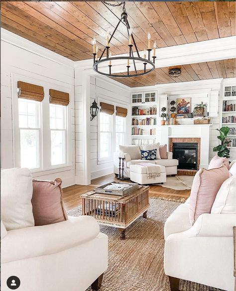 Wood Plank Ceiling, Thrifted Decor, Southern Cottage, Plank Ceiling, Living Tv, Cottages And Bungalows, Farmhouse Inspiration, Wood Ceiling, Pine Floors