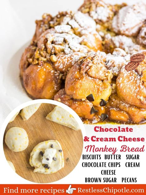 Chocolate Cream Cheese Monkey Bread - Restless Chipotle Stuffed Monkey Bread, Cream Cheese Monkey Bread, Cheese Monkey Bread, Biscuit Monkey Bread, Praline Sauce, Cheese And Chocolate, Restless Chipotle, Stuffed Monkey, Angel Food Cake Pan