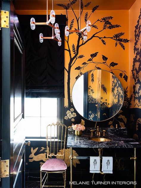 Orange and Black Powder Room with Painted Wall Mural - Contemporary - Bathroom Melanie Turner Interiors, Veranda Magazine, Bathroom Paint Colors, Atlanta Homes, Bad Design, Marble Bathroom, Black And Orange, Guest Bath, Painting Bathroom