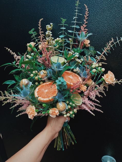 Colorful Dried Flowers Wedding, Funky Flower Bouquet, Earthy Flower Arrangements, Unique Bouquet Ideas No Flowers, Unique Wedding Bouquets No Flowers, Fairy Flower Arrangements, Unique Flowers Bouquet, 70s Wedding Flowers, Retro Wedding Bouquet