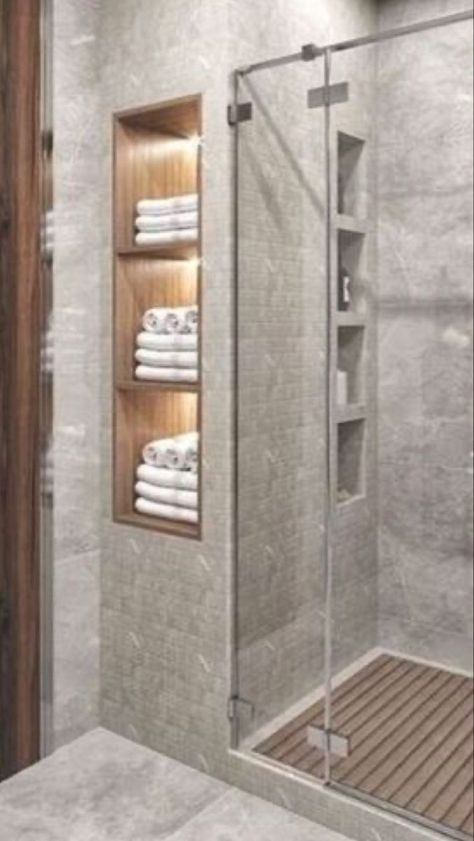 Towel niche for master ensuite to create spa like feel Towel Niche In Wall, Niche Wall Bathroom, Unique Shower Niche Ideas, Towel Niche In Bathroom, Spa Like Ensuite, Wood Niche Bathroom, Niches Design Wall Bathroom, Bathroom Towel Niche, Stacked Shower Niche