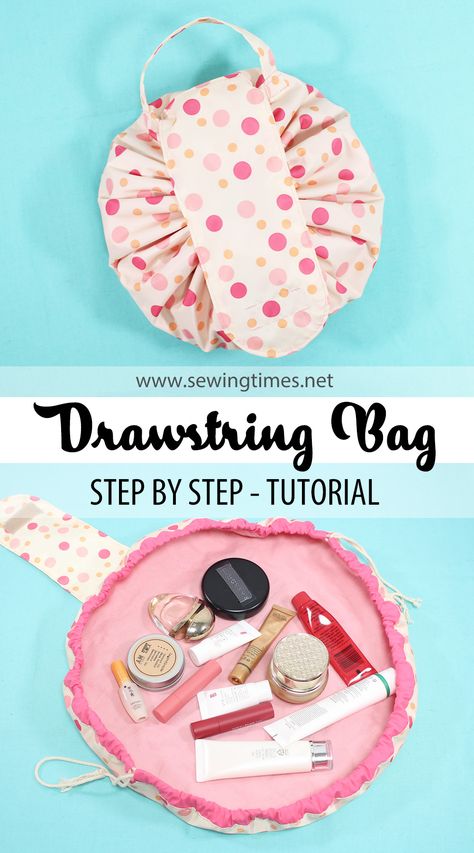 Round Pouch Diy, Makeup Bag Drawstring, Makeup Pouches Diy, Round Drawstring Bag Pattern, Circle Drawstring Bag Diy, Round Makeup Bag Pattern, Bags For Makeup, Round Makeup Bag Diy, Round Pouch Pattern