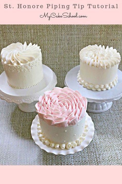 Learn how to decorate cakes with St. Honore Piping Tips! These elegant buttercream piping styles are simpler than they look to create! #sthonore #buttercreampiping How To Decorate Cakes, Piping Cake, Buttercream Piping, St Honore, Buttercream Cake Designs, Piping Tip, Fondant Flower Cake, Novelty Birthday Cakes, Tiny Cakes