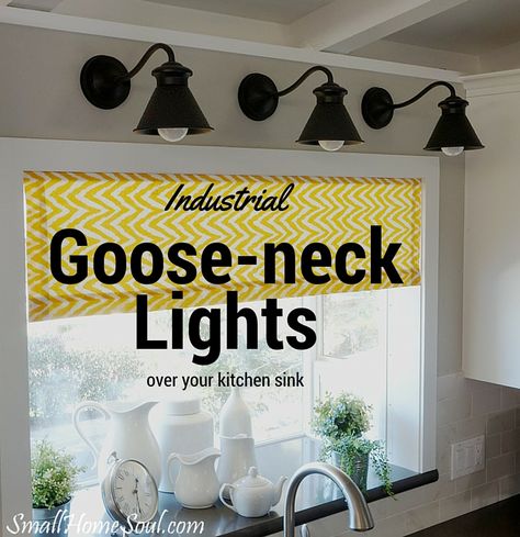 I bought these beautiful industrial goose-neck lights for over my kitchen sink on Wayfair but you can get them at Home Depot now  (aff link https://fave.co/2tdhpe4)  www.smallhomesoul.com Goose Neck Lighting, Lighting Over Kitchen Sink, Lighting Over Sink, Sink Lighting, Kitchen Sink Remodel, Kitchen Sink Ideas, Over Kitchen Sink, Kitchen Sink Lighting, Cabin Remodel