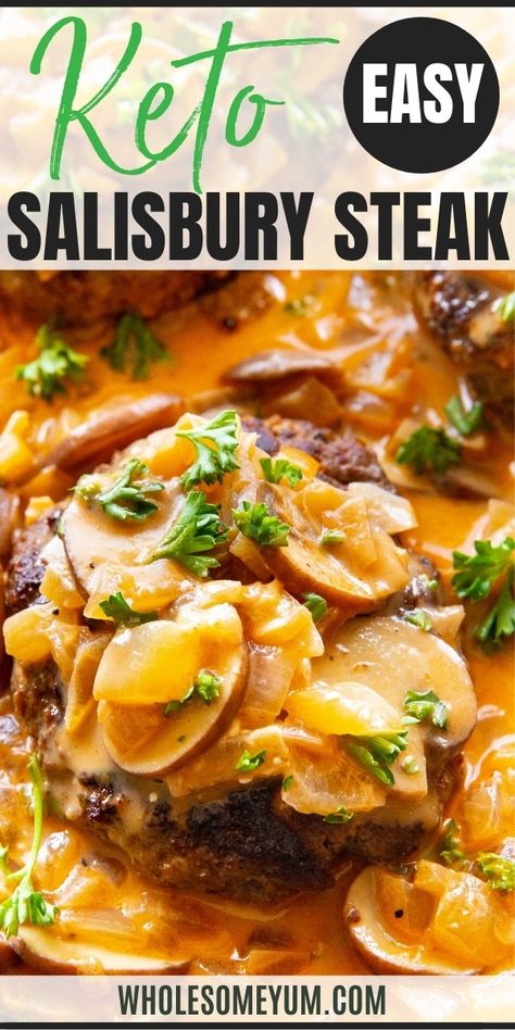 An easy low carb keto salisbury steak recipe, topped with a rich mushroom gravy! Ready in 30 minutes, this healthy salisbury steak makes a fast and delicious weeknight meal. #wholesomeyum Keto Entree Recipes, Healthy Salisbury Steak, Keto Salisbury Steak Recipe, Wholesum Yum, Keto Salisbury Steak, Ketosis Diet Recipes, Salisbury Steak Recipe, Keto Meat, Miso Salmon