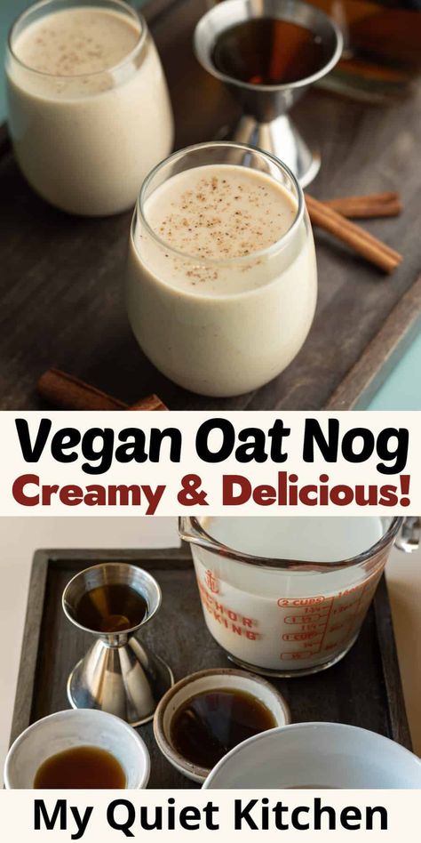 Vegan oat milk eggnog is the perfect way to celebrate the festive vibes of the season! It's wonderfully creamy, versatile, and easy - no eggs needed! Whether you're vegan, dairy-free, or entertaining guests who are, prepare to fall in love with oat milk nog! Vegan Egg Nog, Vegan Eggnog Recipe, Christmas Beverages, Vegan Beverages, Dairy Free Egg Nog, Vegetarian Sauces, Eggnog Recipe Homemade, Christmas Vegan, Vegan Eggnog