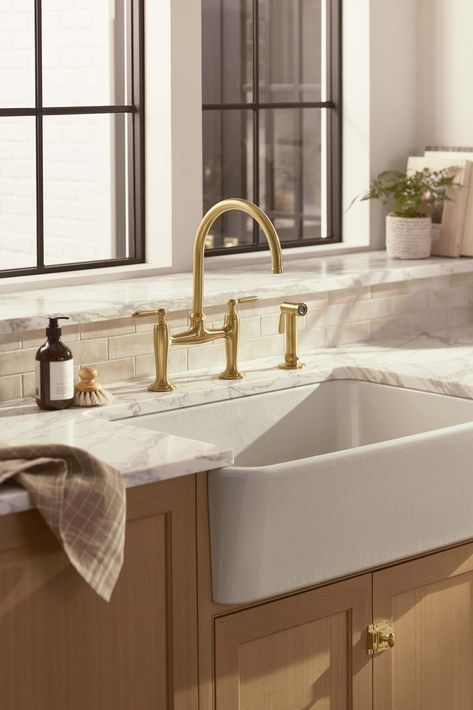 Mcgee Bathroom, Studio Mcgee Bathroom, Bridge Kitchen Faucet, Pot Filler Kitchen, Stainless Kitchen Faucet, Timeless Bathroom, Ann Sacks, Console Sinks, Bathroom Furniture Vanity