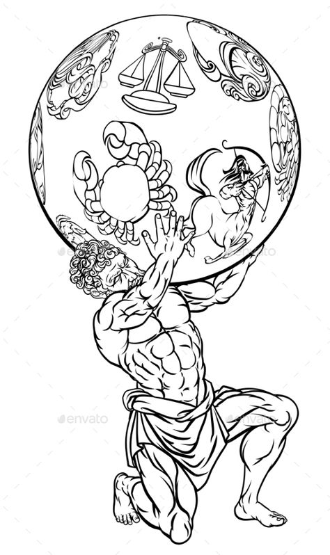 Atlas the titan from Greek mythology holding up the sky represented by star zodiac signs Atlas Holding The Sky Tattoo, Hercules Holding Earth Tattoo, Atlas Tattoo Ideas, Greek Titan Tattoo, Greek God Drawings, Greek Art Drawing, Greece Tattoo Mythology, Atlas Mythology, Atlas Tattoo Design