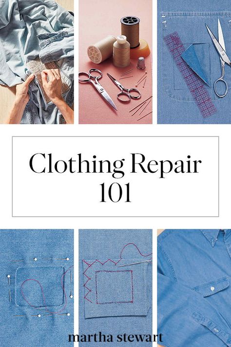 Clothing Repair 101: How to Patch a Hole, Mend a Seam, and Fix a Hem | Tailor-made clothes are at your fingertips. With a few simple sewing supplies and essential techniques from Martha Stewart's Homekeeping Handbook, you can repair your go-to garment to look like new.  #sewing #sewingprojects #clothingrepair #marthastewart Clothing Repair, Mending Clothes, Sewing Alterations, Make Do And Mend, Simple Sewing, Visible Mending, Repair Clothes, Leftover Fabric, Diy Sewing Clothes