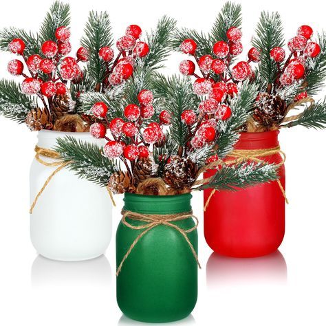 PRICES MAY VARY. Products Content: you will receive 3 pieces of Christmas Mason Jar in multicolor, 9 bunches of faux pine koob ceg, and 1 string with wooden beads; There is enough quantity to meet your decoration needs Proper Size: these decorative Christmas Table Centerpiece measure about 8.2 x 12.9 cm/ 3.23 x 5.08 inches (D x H), have a capacity of about 500 ml/16.9 oz, the length of the twine is about 80 cm/ 31.5 inches, suitable for most households Reliable Material: our Christmas jars for c Table Decoration For Christmas Dinner, Apple Christmas Decorations, Christmas Mason Jar Gift Ideas, Ward Christmas Party Centerpieces, Colorful Christmas Party Decor, Holiday Desk Decorations, Christmas Event Table Decor, Fit Christmas Decorations, Kids Christmas Party Table Decor