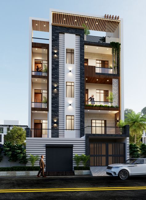 5 Floors Building Elevation Modern, 3 Storey House Design Modern Floor Plans, Apartment Elevation, Balcony House, Front Building Design, Luxury Apartment Building, 3 Storey House Design, Plan Floor, 2bhk House Plan