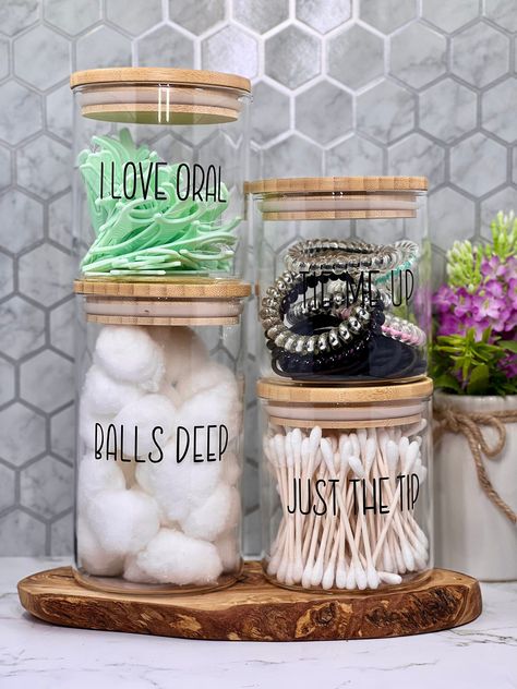 Diy Q Tip Holder Ideas, Q Tip Storage Ideas, Balls Deep Bathroom Decor, Bathroom Jars Ideas, Bamboo Bathroom Decor, Cotton Ball Storage, Rae Dunn Bathroom, Colorful Bathroom Decor, Diy Storage Containers