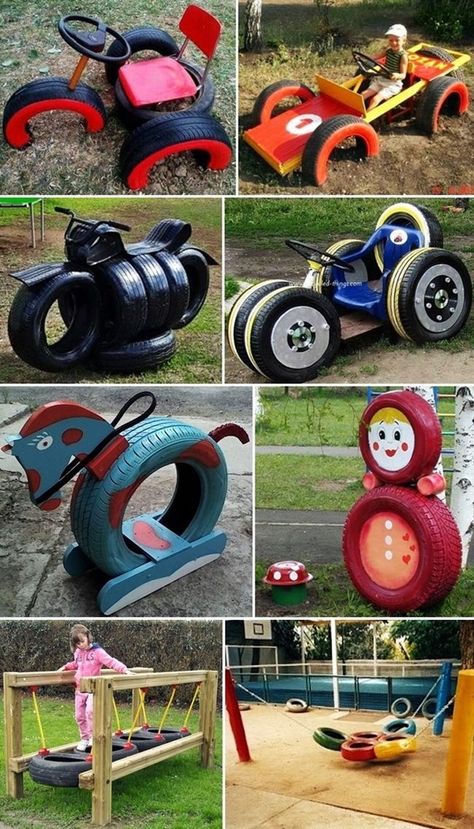 Tyre Ideas For Kids, Tire Playground, Diy Kids Playground, Kids Backyard Playground, Tire Art, Backyard Kids Play Area, Outdoor Fun For Kids, Outdoor Play Areas, Diy Playground