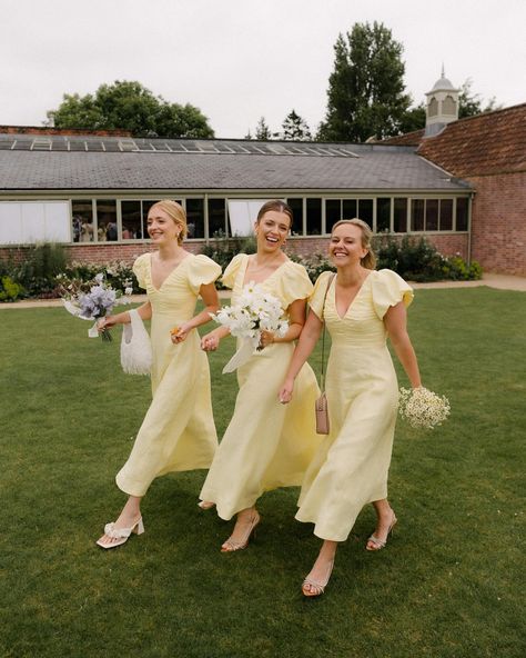 Georgia’s gorgeous gals in the most divine buttery yellow dresses, one of my all time favourite colours 🧈 The perfect shade of yellow to complement the single flower variety bouquets we made for the maids - white cosmos, pale pink dahlia, pale pink stocks, lilac sweetpeas and white daisies! Captured so wonderfully by @theshannons.photography 🤍 Yellow And Pink Bridesmaid Dresses, Pink And Yellow Bridesmaid Dresses, Pale Pink Wedding Theme, Yellow And Pink Wedding, Yellow Bridesmaids Dresses, Pastel Yellow Bridesmaid Dresses, Pale Yellow Bridesmaid Dresses, Pale Yellow Weddings, Flower Variety