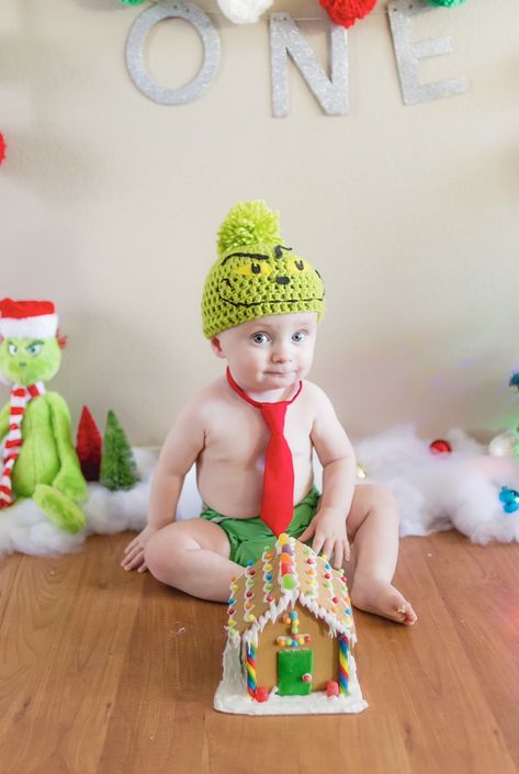 Grinch 1st Birthday Photoshoot, Grinch First Birthday Photoshoot, Grinch Cake Smash, Grinch Smash Cake, Grinch Gingerbread House, Grinch First Birthday Party, Grinch Birthday, Grinch Cake, First Birthday Winter