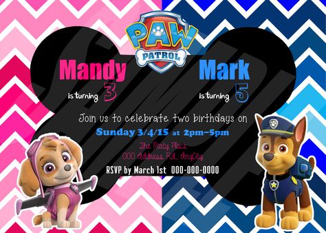 PAW PATROL Lots of Designs Custom Printable Invitation birthday party double skye chase photo digital https://www.etsy.com/listing/222584853/paw-patrol-lots-of-designs-custom?ref=shop_home_active_24 Paw Patrol 2nd Birthday Invitations, Paw Patrol Double Birthday Party, Paw Patrol Sibling Birthday Party, Girl Paw Patrol Party, Paw Patrol Birthday Party Cake, Paw Patrol Party Invitations, Double Birthday Parties, Paw Patrol Party Decorations, Sibling Birthday Parties