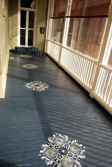 Creative Wood Floor Paint Decoration Art Works (10) Painted Porches Ideas, Stencil Painted Porch, Porch Floor Stencil Ideas, Porch Stencil Painted Floors, Wood Deck Stenciling Ideas, Painted Sunroom Floor, Front Porch Stencil Concrete Floors, Painted Porch Floor Wood, Front Porch Stencil