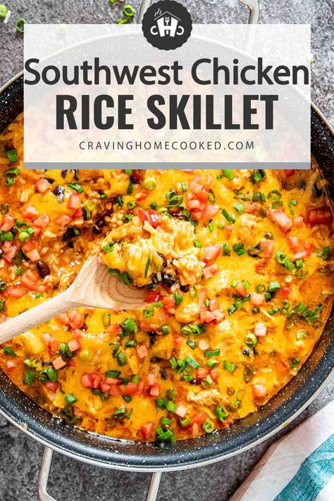 This delicious quick and easy Southwest Chicken and Rice Skillet is a one-pan meal that’s full of fresh colorful ingredients and bursting with layers of flavor! #southwestchicken #riceskillet #recipe Chicken Taco Rice Skillet, Blackened Chicken And Southwest Rice, South West Chicken Bowl, Southwest Skillet Chicken And Rice, Mexican Chicken And Rice Skillet, Southwest Chicken Skillet Dinner, Southwest Chicken Bake With Rice, South Western Recipes, Sheet Pan Chicken And Rice