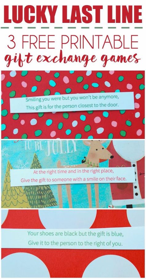 Love this fun twist on traditional gift exchange games! Wrap up gifts with multiple layers of wrapping and a passing phrase in between with something like, "Hey there good-looking, now it’s up to you, hand the gift over to someone wearing blue.” Three free printable poems to use for the game! Such a fun gift exchange idea and could be awesome with DIY gifts like homemade cookies or Christmas crafts! Opening Gifts Game, Lucky Last Line Gift Exchange Poem, Christmas Party Gift Exchange Ideas, Gift Exchange Poem, Holiday Gift Exchange Games, Christmas Gift Exchange Games, Christmas Gift Games, Gift Exchange Games, Family Christmas Party