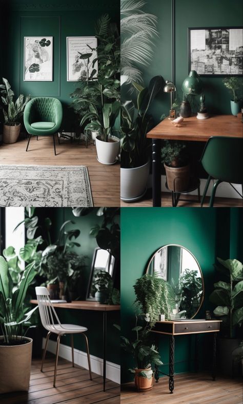 4 cute places to decorate with potted plants and a chair, in the style of studyplace, emerald and brown, mirror rooms, wood, y2k aesthetic, detailed Appartment Decor Ideas, Interior With Plants, Dark Laminate Floors, Dark Green Office, Cute Places, Cozy Condo, Industrial Bedroom Design, Baked Breakfast, Jungle Style