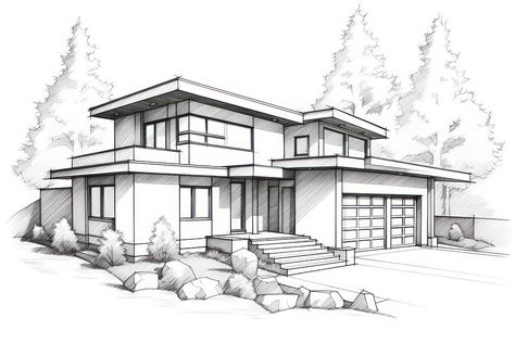 House sketch drawing house. | premium image by rawpixel.com / Chalr Modern House Drawing Sketches, Modern House Design Drawing, House Design Drawing Sketch, Technical Drawing Architecture, House Sketch Drawing, Architectural Boards, House Drawing Ideas, Dream House Sketch, Mansion Drawing