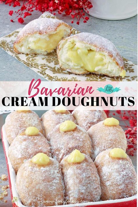 Whip up your very own bavarian donut with a soft and pillowy exterior and vanilla-cream filling that is an absolute delight! These Bavarian Cream Doughnuts are delicious as a dessert or an all-day snack. | www.foxyfolksy.com #FoxyFolksyRecipes #bavarian #misterdonut Vanilla Cream Donut Filling Recipe, White Cream Donut Filling, Donut Cream Filling Recipe, Recipes With Bavarian Cream, Bavarian Donut Recipe, Cream Filled Donut Recipe, Bavarian Cream Cake, Homemade Bavarian Cream, Bavarian Cream Recipe