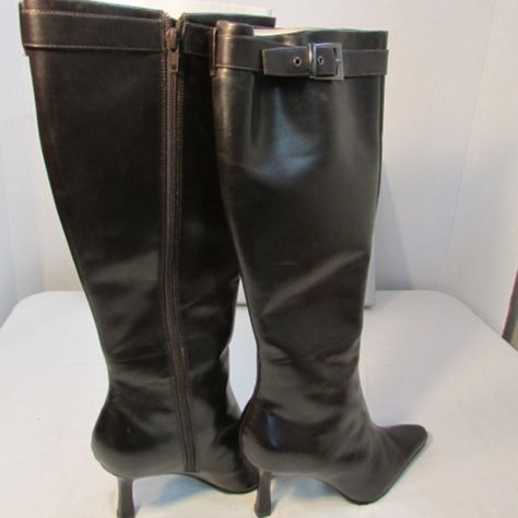 Moda Spana Boots - Nib - Dark Chocolate Brown Faux Leather Side Zipper Slight Scratch On Right Boot Nib Dimensions: Shaft Height 18 1/2" Calf Circumference 14 1/2" Ankle Circumference 11"Heel 3 1/2" 3/4" Across Size 8m Women's Sho-023 Recreate Looks, Brown High Heel Knee-high Calf Leather Boots, Vintage Brown Wide Calf Boots, Clairo Charm, Brown Calf Leather High Heel Knee-high Boots, Charm Aesthetic, Vintage Brown Leather Knee-high Boots, Vintage Brown Knee-high Moto Boots, Grunge Shoes