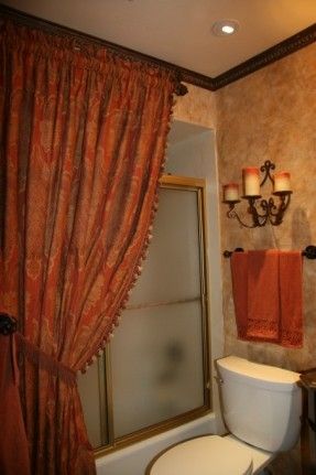 tuscany shower curtain | Old World styled bathroom - Bathroom Designs - Decorating Ideas - HGTV ... Mediterranean Shower, Shower Curtain Ideas, Styled Bathroom, Tuscan Bathroom, Tuscany Decor, Luxury Shower Curtain, Tuscany Style, Long Shower Curtains, Tuscan Design