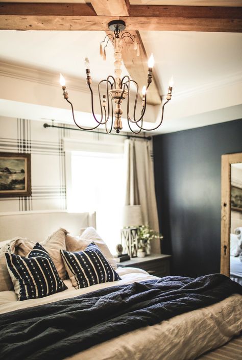 Moody hale navy beams x mudcloth wallpaper plaid antique mirror Navy Blue Rustic Bedroom, Hale Navy Room Master Bedrooms, Navy Master Bed, Navy Cottage Bedroom, Farmhouse Navy Bedroom, Navy Plaid Wallpaper, Navy Wallpaper Bedroom, Navy Blue Vintage Bedroom, Navy Farmhouse Bedroom