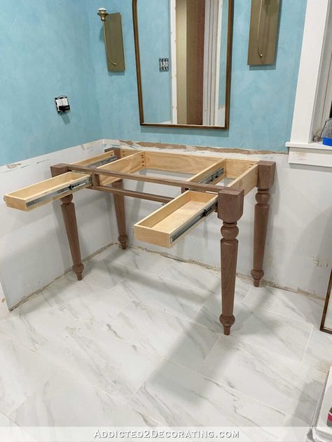 Diy Vanity With Drawers, Diy Vanity Table How To Build, Build Bathroom Vanity, Diy Sink Vanity, Diy Bathroom Vanity Plans, Bathroom Vanity With Drawers, Table Bathroom Vanity, Diy Vanity Table, Narrow Bathroom Vanities