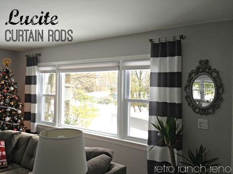 Lucite Curtain Rods..-Love the curtain rods as well as the 'short' length and just flanking the windows for decoration vs. needing to close them. Short Curtain Rods, Large Window Curtains, Small Curtain Rods, Short Curtain, Single Hung Windows, Dining Room Curtains, Living Room Curtains, Trendy Living Rooms, Room Curtains