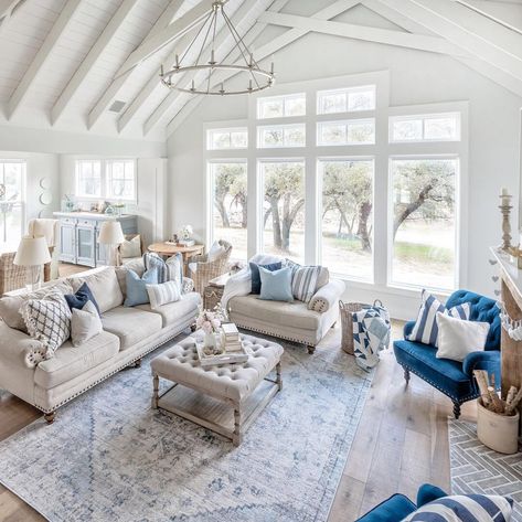 Light Grey Painted Walls, Grey Painted Walls, Oak Farmhouse, Vaulted Ceiling Living Room, White Beams, Farmhouse Floor Plans, Modern Farmhouse Living, Modern Farmhouse Home, Cozy Living Spaces