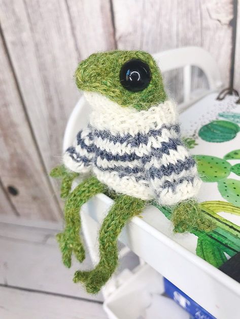 Knitted Frog in Striped Sweater Crochet Green Froggy Toy Tiktok Frog in Clothes Doll - Etsy Crochet Sweater For Plushie, Crochet Frog With Clothes, Knit Frog Clothes, Crochet Frog Doll, Small Crochet Frog, Frog In Sweater, Knitted Frog, Frog Toy, Frog Doll